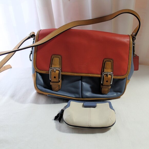 Coach B1373-F23383 Blue/Salmon/Tan Colorblock Crossbody Purse & Mini Wallet - Picture 1 of 13